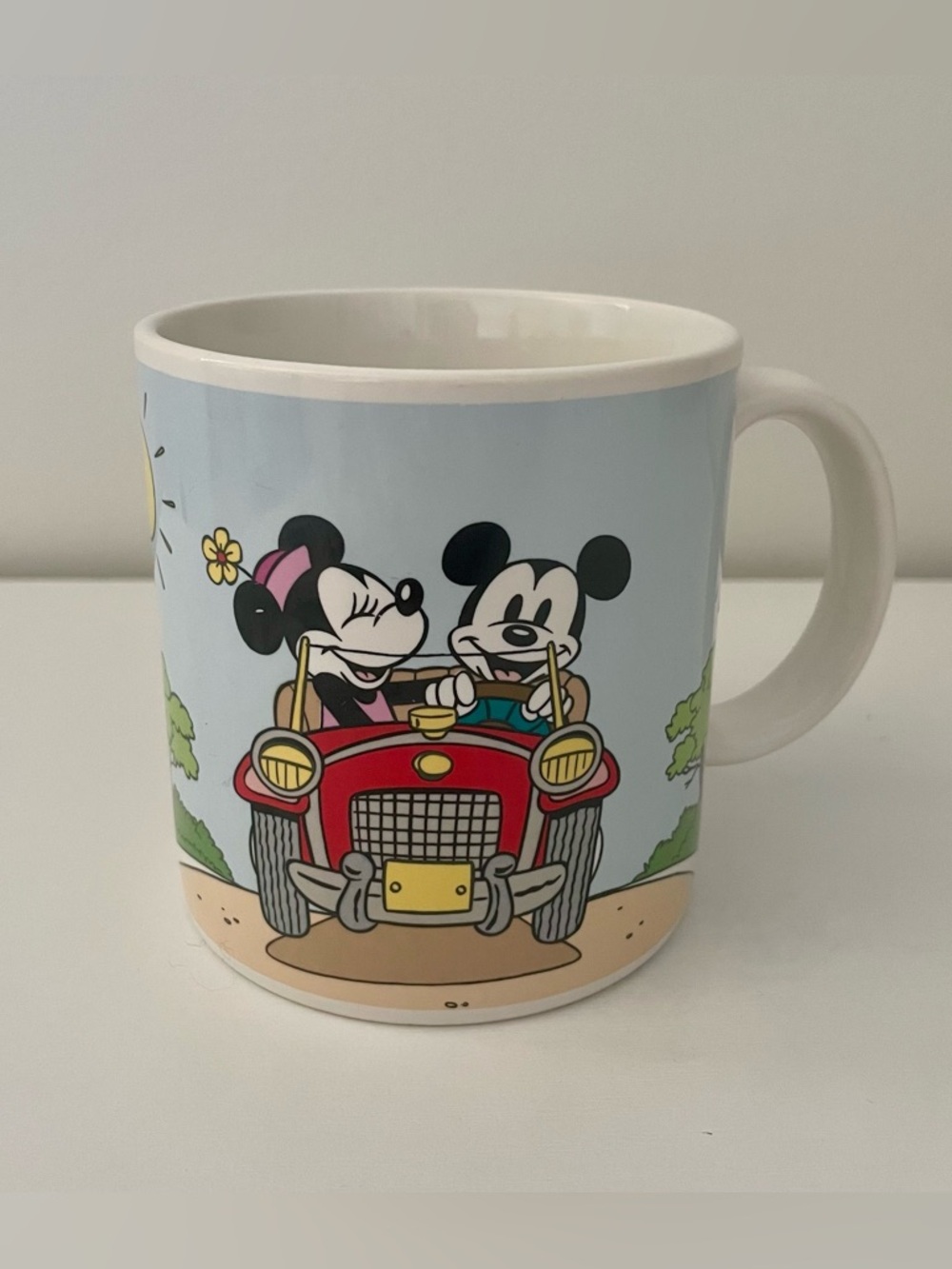 Vintage 1985 Disney Mickey & Minnie Ceramic Mug with Red Car